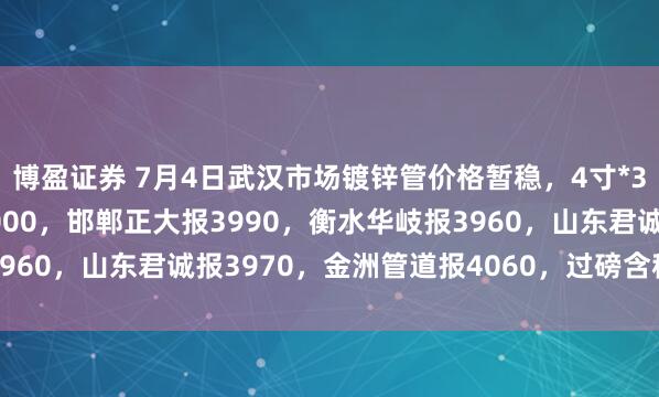 博盈证券 7月4日武汉市场镀锌管价格暂稳，4寸*3.75mm邯郸友发报4000，邯郸正大报3990，衡水华岐报3960，山东君诚报3970，金洲管道报4060，过磅含税。（元/吨）